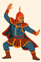 Flat vector of Mongolian performer in warrior costume with dramatic pose