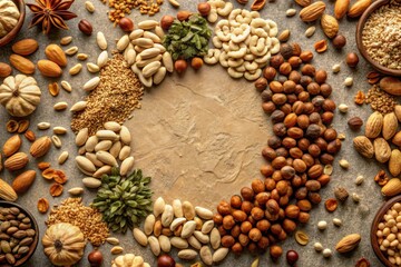 Fototapeta premium A Bountiful Collection of Diverse Nuts and Seeds Arranged in a Circular Frame on a Textured Surface, Offering a Vibrant and Nutritious Visual