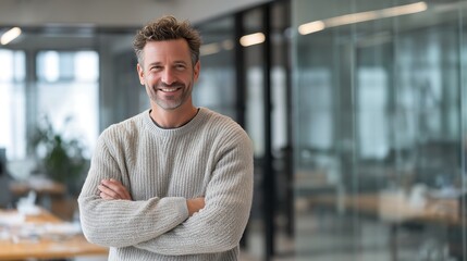 Confident man smiling in modern office with arms crossed proudly
