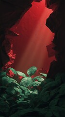 Dramatic cave entrance with lush green foliage and deep red light
