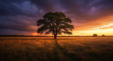 Solitary oak tree stands in golden field under dramatic sunset sky.