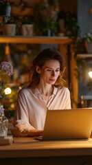 Focused woman working late on laptop in cozy stylish home office