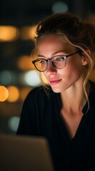 Focused woman works late on laptop with city lights in background