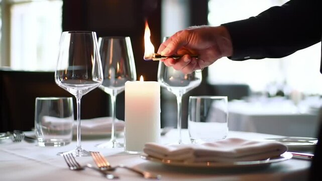 Candle lighting for dining table setting with glasses and silverware