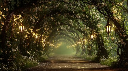 Enchanting garden path with lanterns and blossoms for dreamy escape