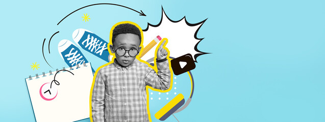 A young boy in glasses expresses a bright idea, set against a colorful background with school-related objects. This artistic collage combines playful elements reflecting education and creativity.
