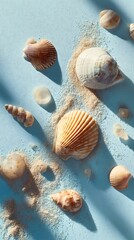 Dreamy seashells and sand evoke summer vacations at the beach