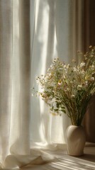 Soft light falls on fresh daisies in vase by sheer textured curtains