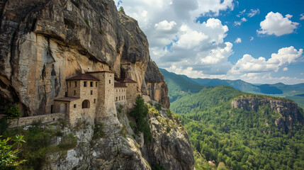 Stone house perched on a cliff overlooking a majestic mountain range.