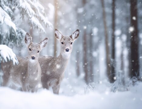 Two fawn roe deer standing in a snowy forest during winter, looking at the viewer. Wildlife in a cold natural environment