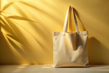 A light beige fabric tote bag rests against a sunny yellow wall, casting a soft shadow from unseen foliage