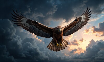 A majestic bird of prey soars through a dramatic sky, its wings fully extended against contrasting dark and light clouds.