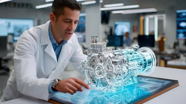 Engineer Inspecting Futuristic Machinery: A focused engineer, clad in a crisp white coat, meticulously examines a complex, futuristic mechanical component.