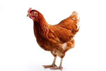 Fototapeta premium Brown domestic hen standing on a white background, a common poultry animal in farming and agriculture producing fresh eggs