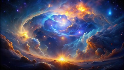 A Celestial Landscape Sunrise over a Dreamlike World of Vibrant Clouds and Sparkling Stars