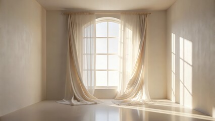 Serene Room Interior with Sunlight Streaming Through Arched Window and Draped Curtains