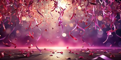 A Festive Celebration with Falling Ribbons and Confetti on a Dark Surface