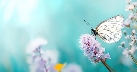 White butterfly with intricate wing patterns resting on delicate pink flowers, set against a soft turquoise background
