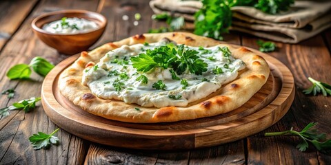 Savory Flatbread Topped with Creamy Herb Spread and Fresh Parsley Garnish on Rustic Wooden Board