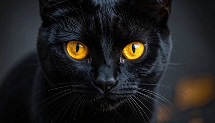 Intense close-up portrait of a sleek black cat with vivid yellow-orange eyes staring directly ahead, capturing a dark and mysterious Halloween atmosphere