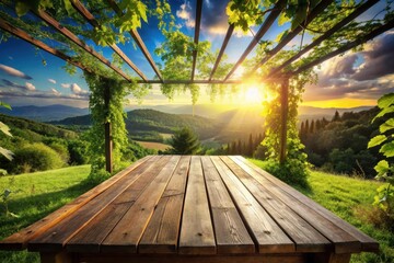 Serene Sunset Vista Wooden Table Under a Verdant Arbor Overlooking Rolling Hills