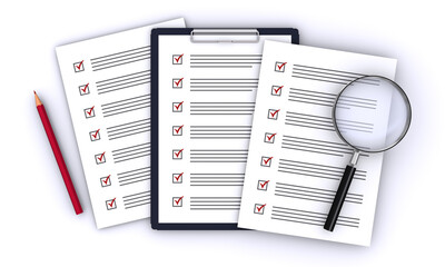 チェックリストと虫メガネと赤鉛筆