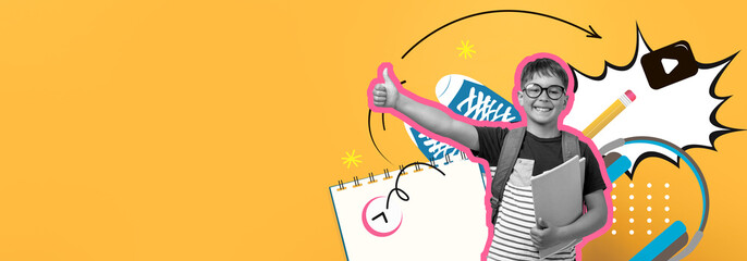 A cheerful student gives a thumbs up, surrounded by colorful school supplies and a bright...