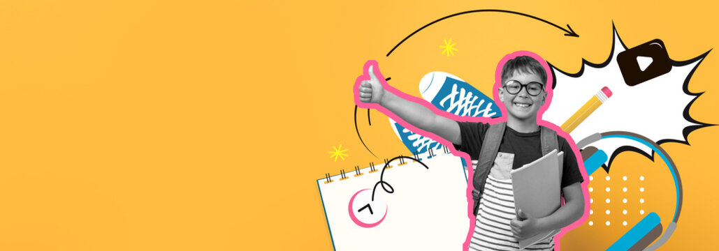 A cheerful student gives a thumbs up, surrounded by colorful school supplies and a bright background. The scene captures the joy of learning and the energy of being in school.