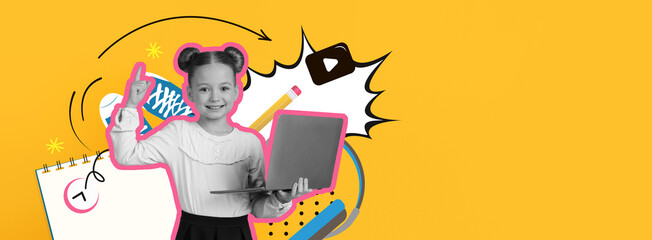 A cheerful girl holds a laptop while smiling and pointing with her finger. Surrounding her are colorful school supplies and graphics that create a lively collage effect.