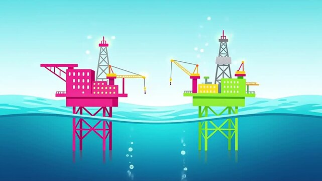 Dynamic vector artwork portraying a pair of offshore oil rigs in vibrant pink and green, situated on the vast blue ocean surface, symbolizing global energy supply and industrial operations