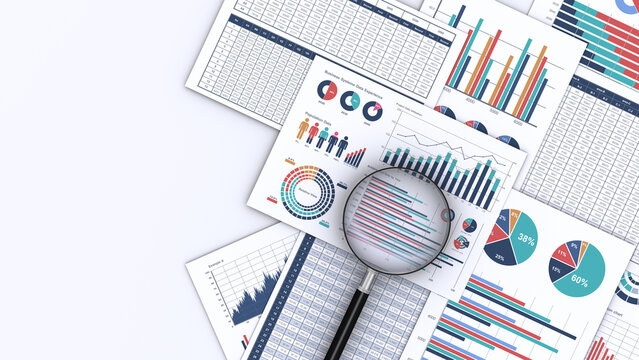 ビジネスデータをプリントした書類と虫メガネ