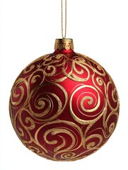 red christmas ornament with gold swirling design hanging isolated on white background