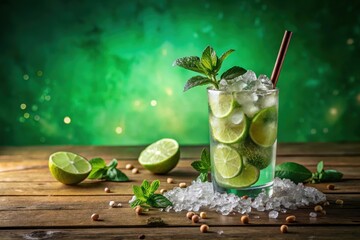 Refreshing Lime and Mint Summer Cocktail on Rustic Wooden Surface