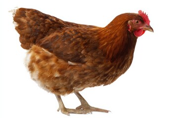 Brown domestic chicken hen standing, looking right, with visible comb and wattle, isolated on a white background
