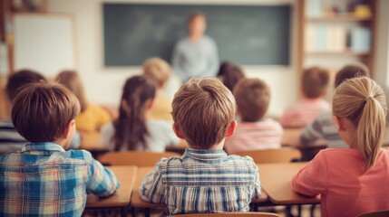 education elementary school learning and people concept  group of school kids sitting and listening to teacher in classroom from back no logos no brands ar 169