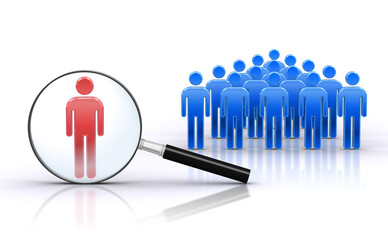 虫眼鏡で人型アイコンを検索する、人事の採用イメージ