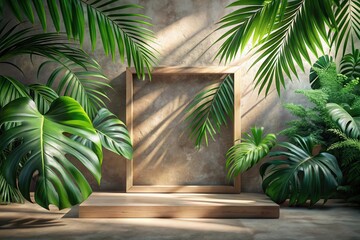Lush Tropical Foliage Enhances a Wooden Display Platform with a Natural Light Backdrop