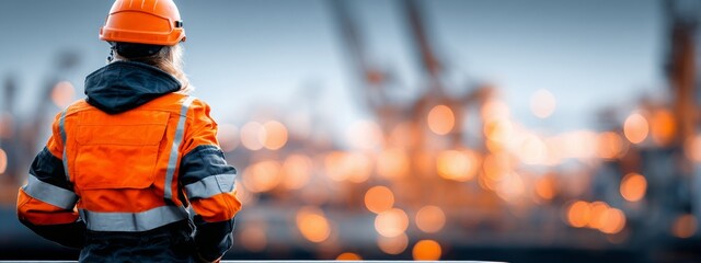 Focused woman in safety gear at a construction site, representing strength and professionalism in the engineering field.