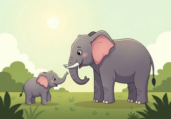 Adorable mother and baby elephant standing together in a lush green landscape