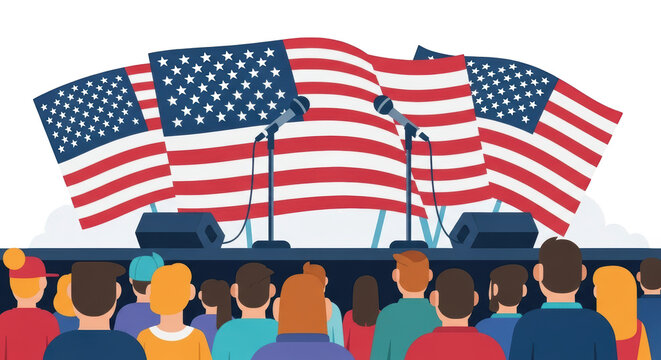 American Political Rally with Crowd and Flags. illustration concept design creative background style inspiration