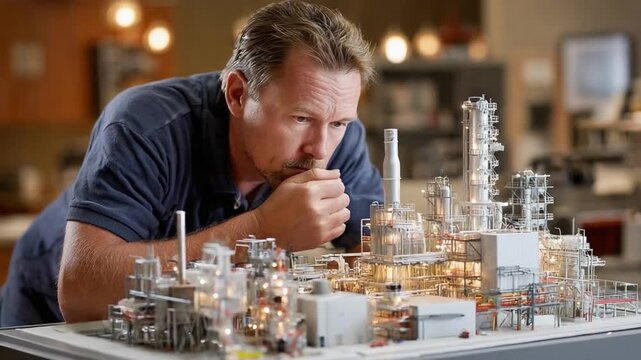 Architectural Study: A focused individual intently examines a miniature architectural model. His attentive gaze and thoughtful pose convey a deep appreciation for the project.