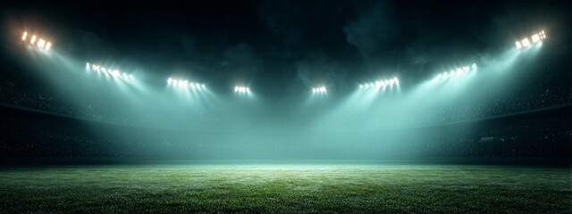 Fresh green lawn on football stadium with neon lights illumination