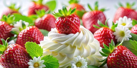 Summer Delight Luscious Strawberries and Creamy Whipped Topping, Adorned with Delicate White Flowers and Fresh Green Leaves