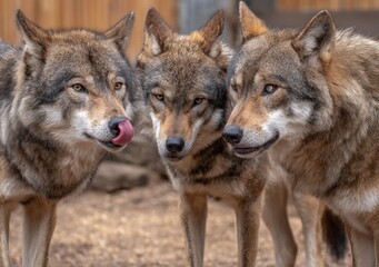 Fototapeta premium Trio of gray wolves standing together, displaying pack behavior and mutual awareness in a wildlife setting
