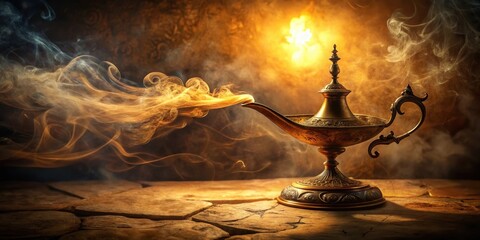 An Ornate Antique Oil Lamp with Mystical Golden Smoke Emanating from its Spout, Resting on a Rough-Hewn Stone Surface