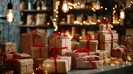 decorated merry christmas table with gifts boxes in warehouse interior background many presents wrapped with red ribbons and letters on desk in storage xmas postal shipping delivery concept no logos 