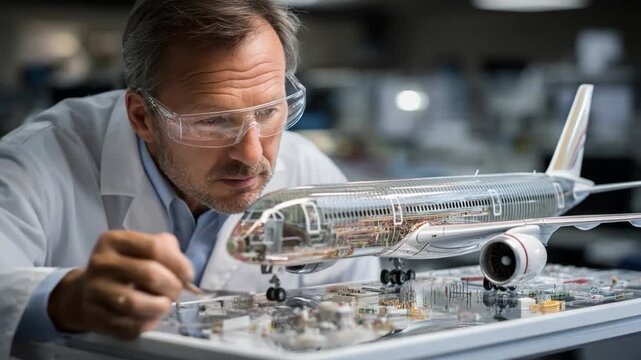 Aviation Innovation: A focused scientist, with precision, inspects a detailed aircraft model, symbolizing the meticulous work in aviation and technological advancement.