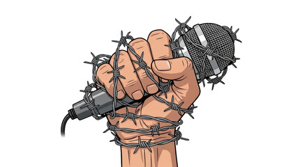 Censorship and Freedom of Speech Hand with Microphone and Barbed Wire. background style inspiration
