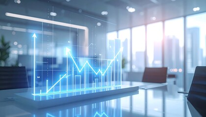 A holographic financial growth chart with an upward trend illuminates a modern office conference room.