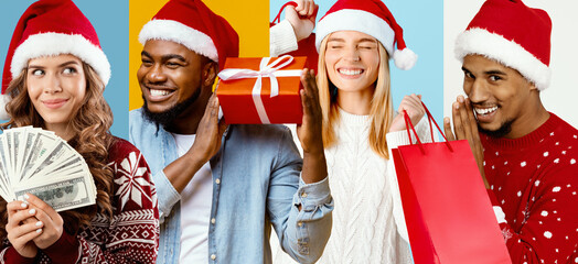 Four cheerful individuals celebrate the new year wearing festive outfits. They hold gifts, money, and shopping bags against a colorful background, expressing joy and holiday spirit.